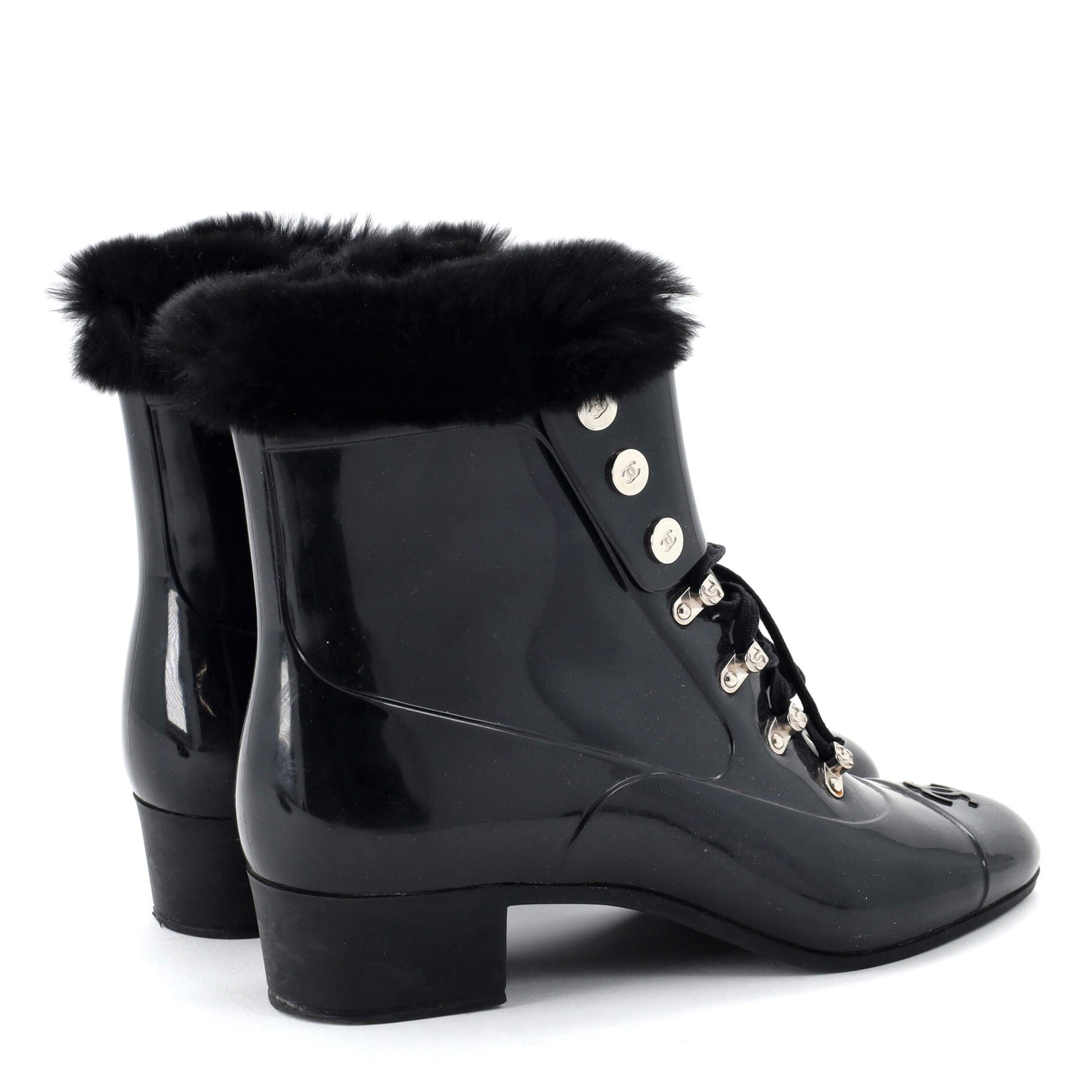 Women's Cap Toe CC Lace Up Rain Boots Rubber with Fur