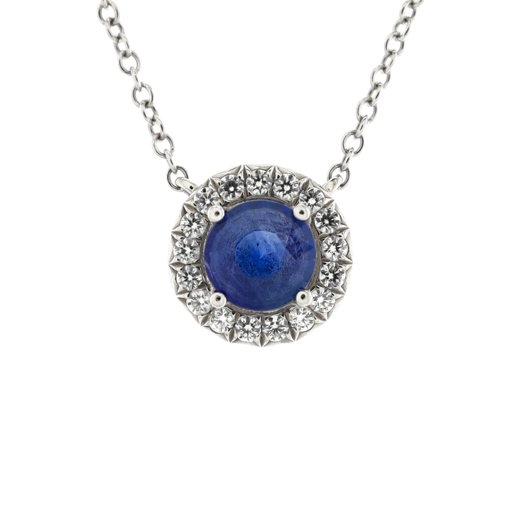 Soleste Round Pendant Necklace Platinum with Diamonds and Blue Sapphire