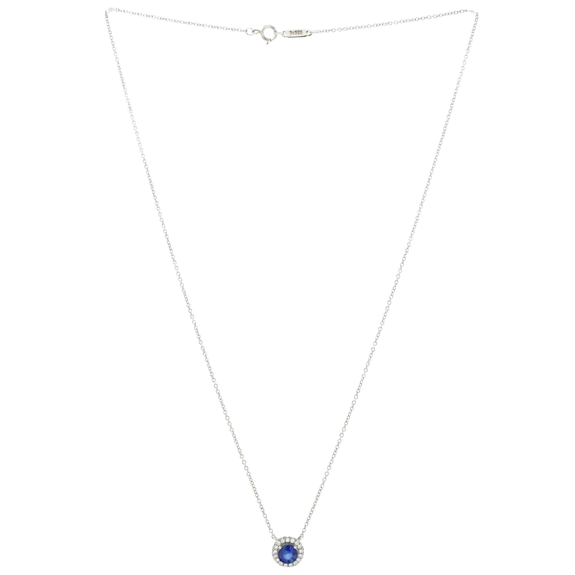 Soleste Round Pendant Necklace Platinum with Diamonds and Blue Sapphire