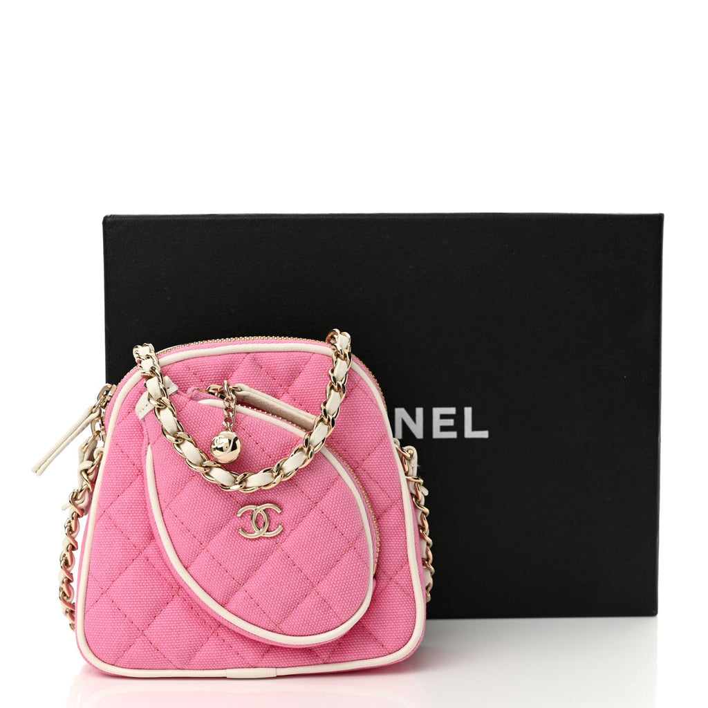 Canvas Calfskin Tennis Racket Clutch With Chain Pink White
