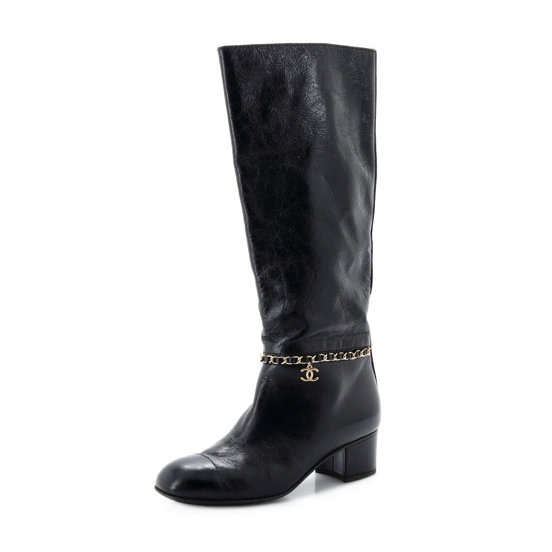 Women's CC Chain Cap Toe Heeled Boots Leather