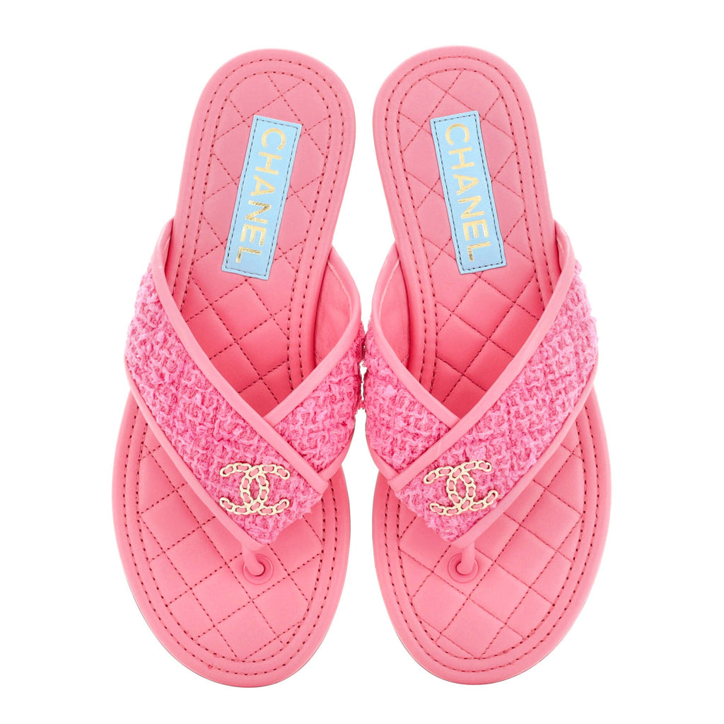 Women's CC Logo Thong Sandals Tweed and Leather