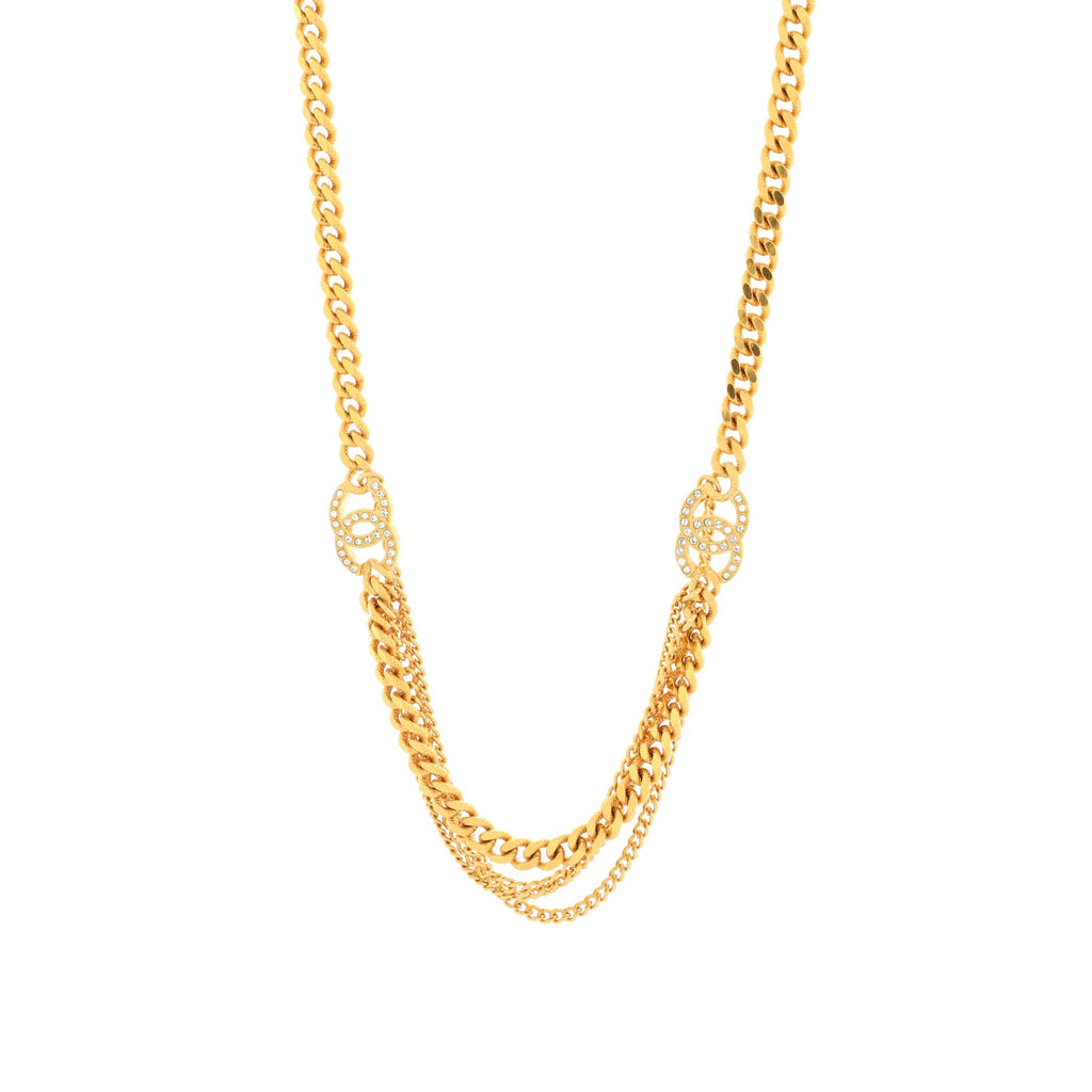Double CC Multichain Long Necklace Metal with Crystals