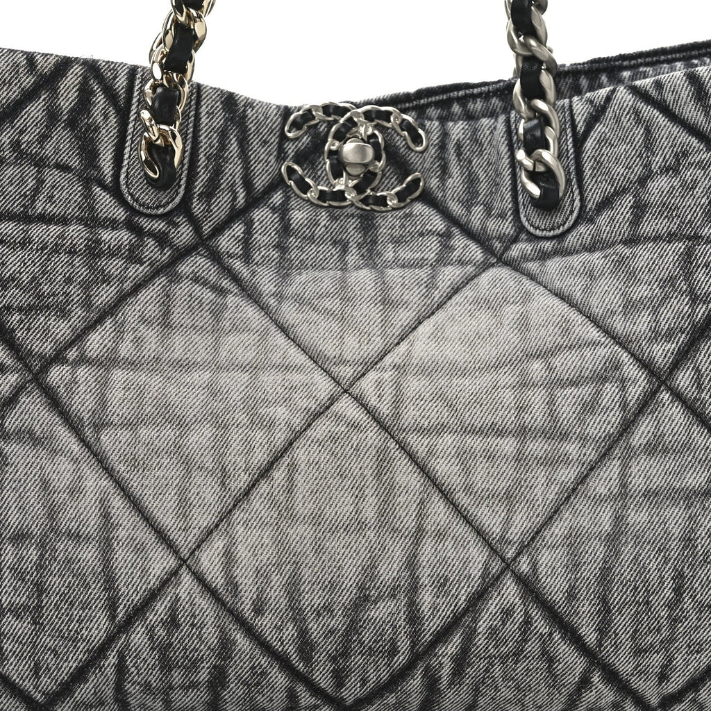 Washed Denim Quilted Chanel 19 East West Shopping Bag Black White