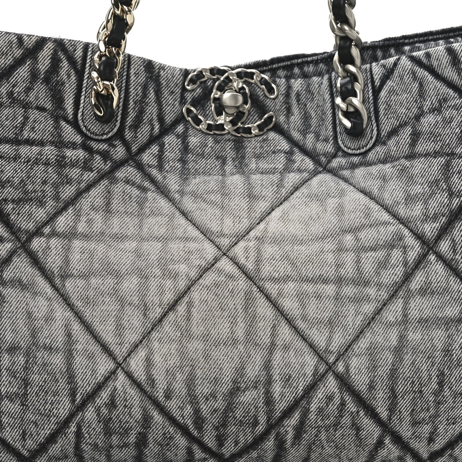 Washed Denim Quilted Chanel 19 East West Shopping Bag Black White