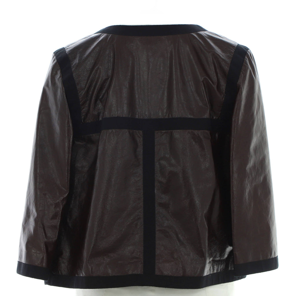 Women's Collarless Jacket Leather with Grosgrain Detail