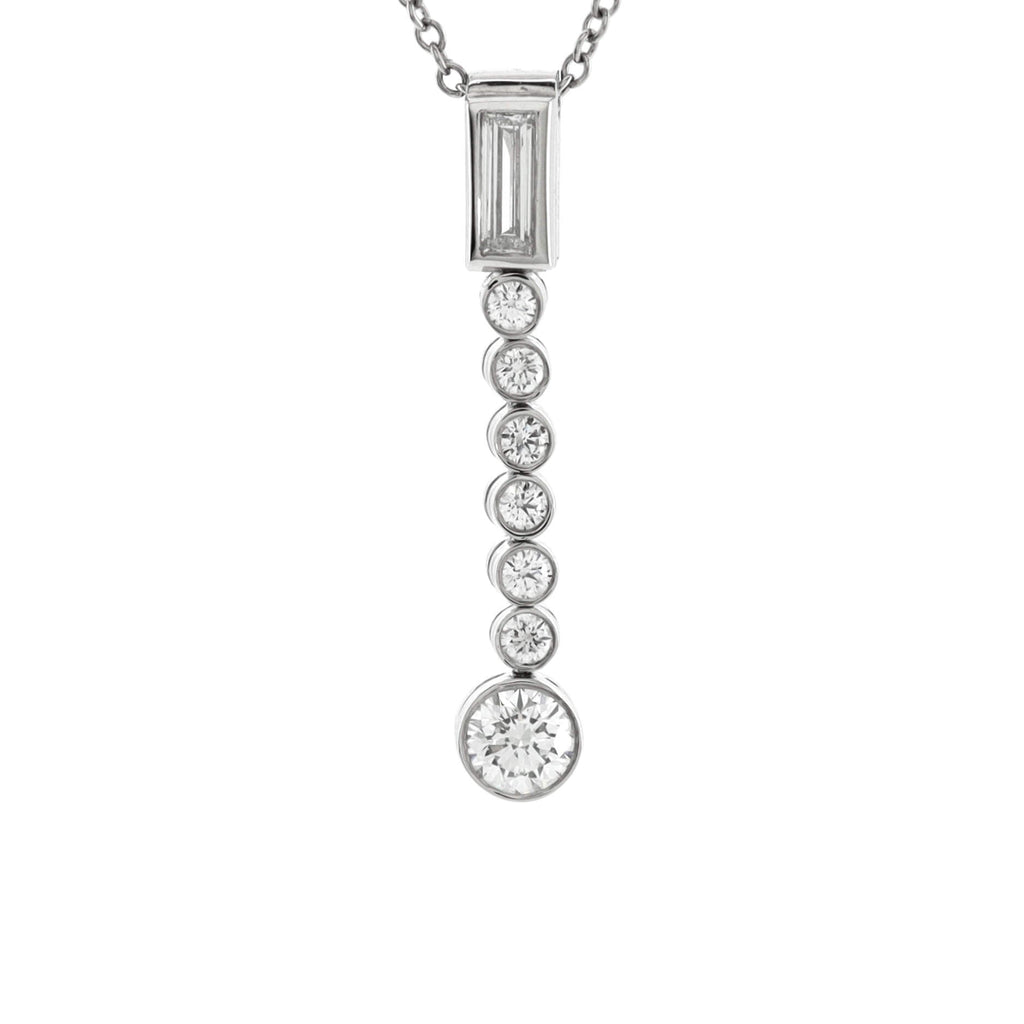 Jazz Drop Pendant Necklace Platinum with One Baguette and Seven Round Diamonds