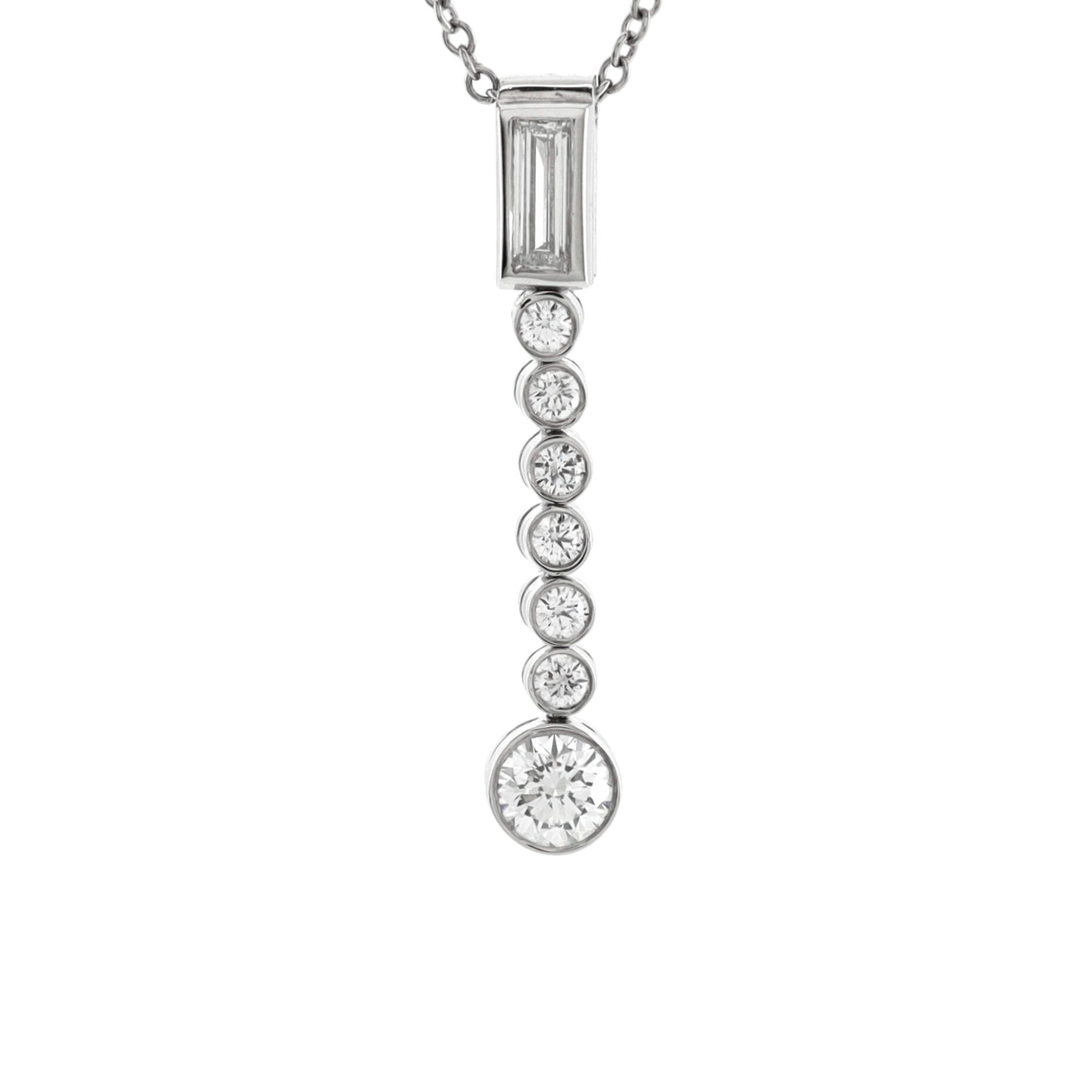 Jazz Drop Pendant Necklace Platinum with One Baguette and Seven Round Diamonds