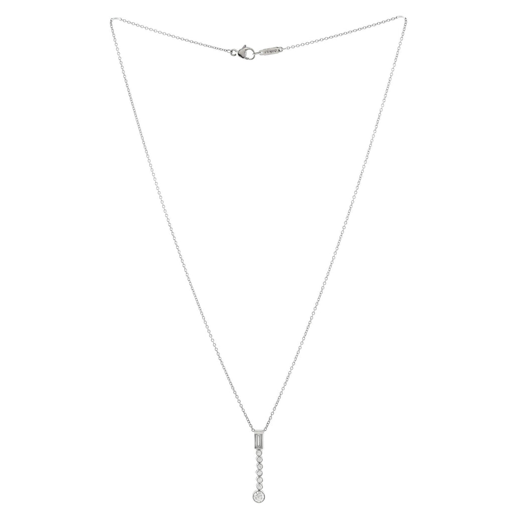 Jazz Drop Pendant Necklace Platinum with One Baguette and Seven Round Diamonds