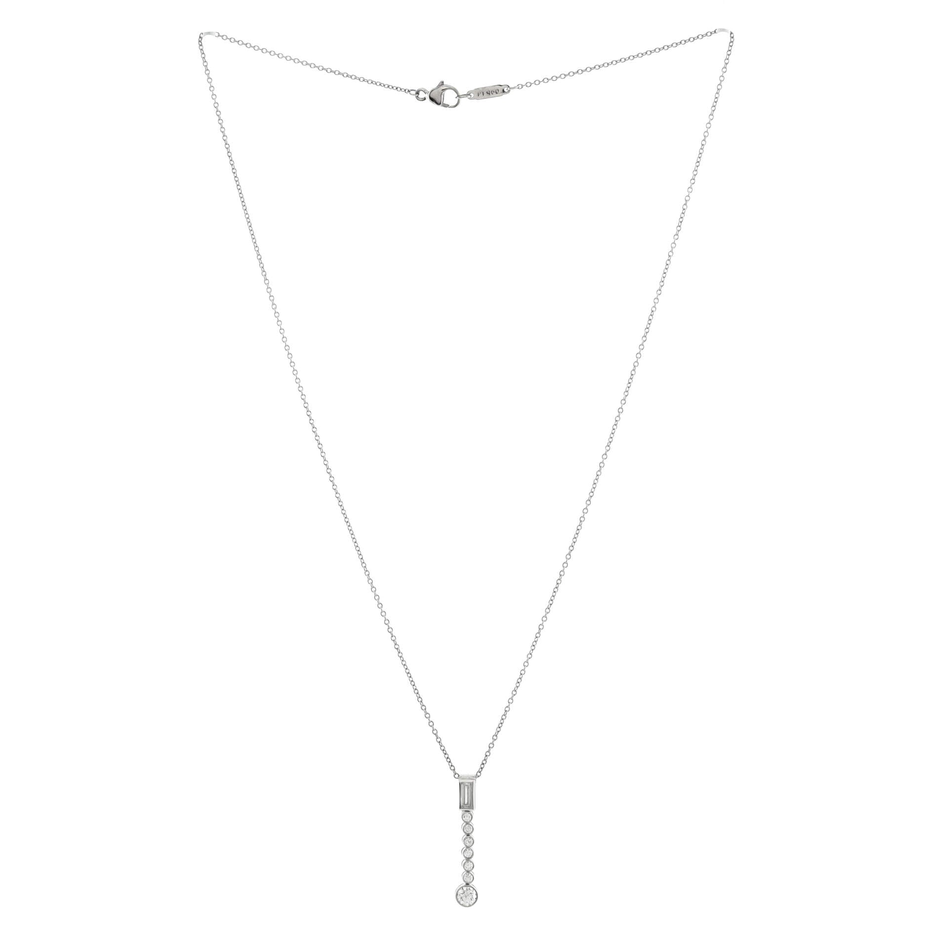 Jazz Drop Pendant Necklace Platinum with One Baguette and Seven Round Diamonds