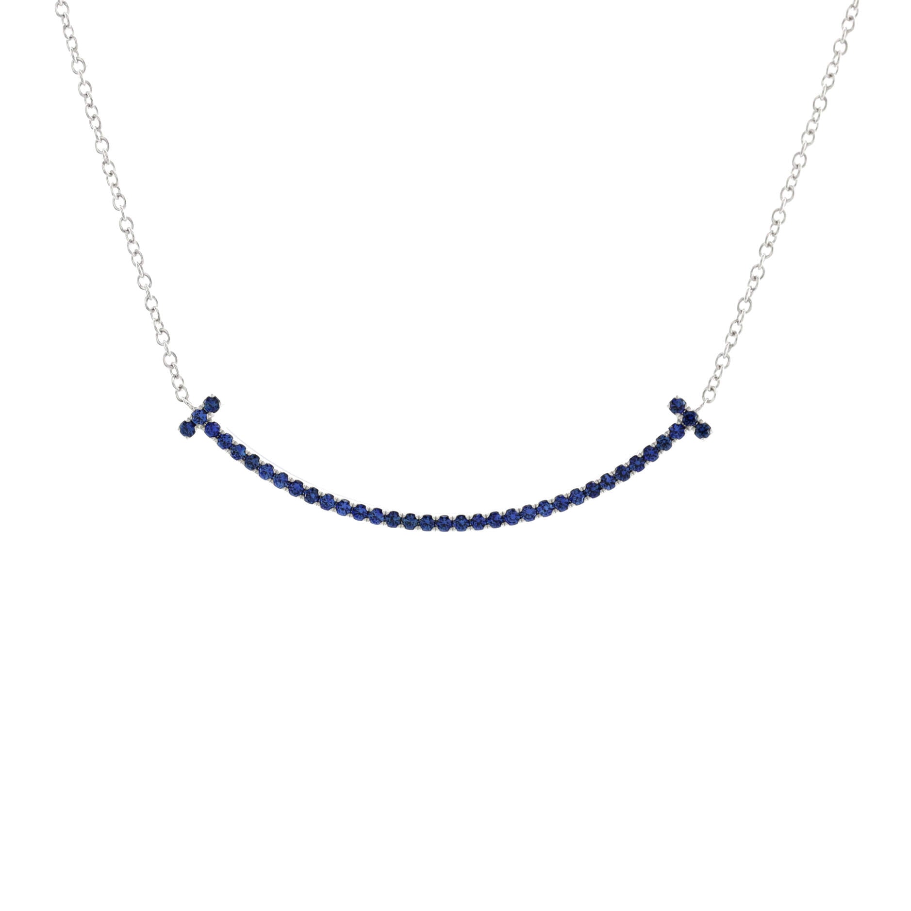 T Smile Pendant Necklace 18K White Gold with Blue Sapphires Small