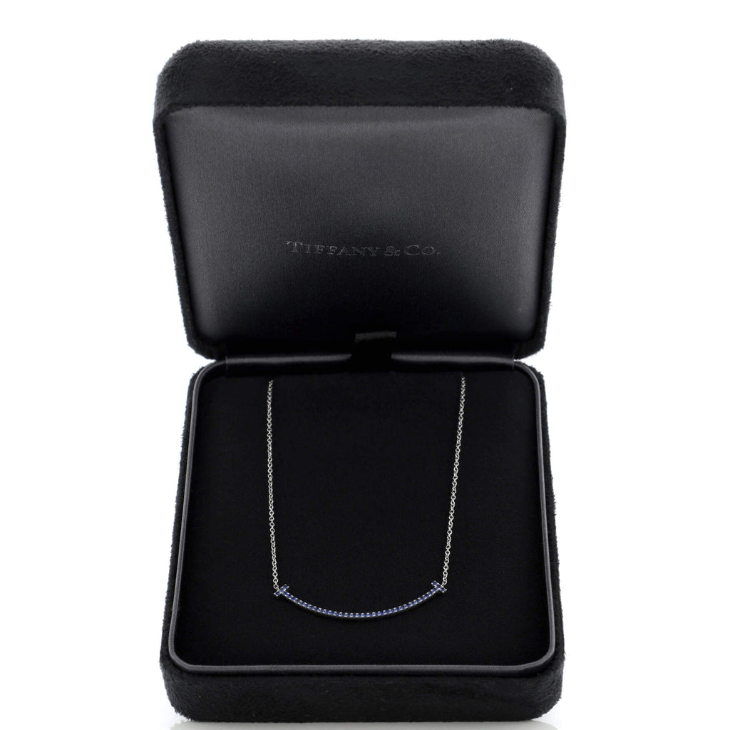T Smile Pendant Necklace 18K White Gold with Blue Sapphires Small