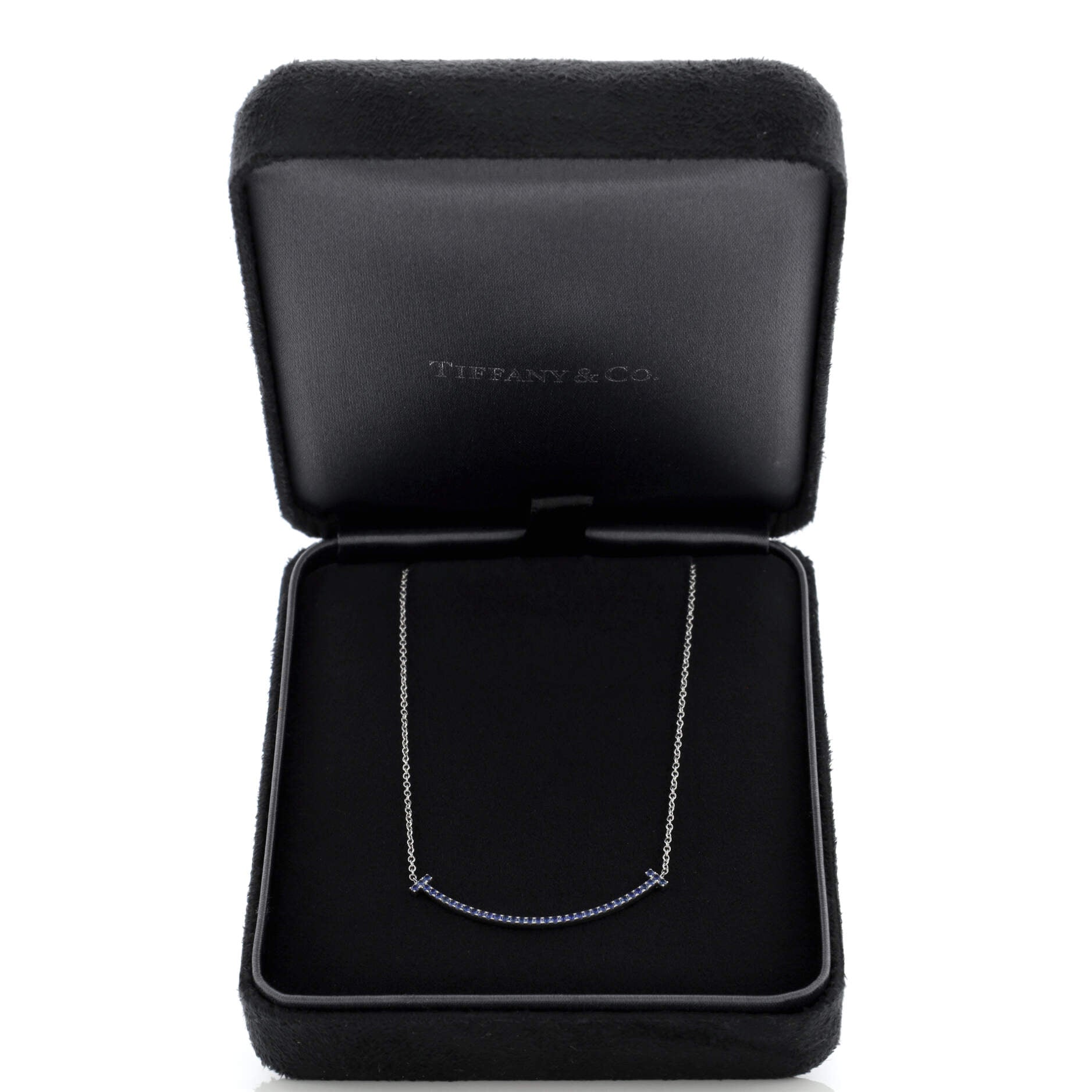 T Smile Pendant Necklace 18K White Gold with Blue Sapphires Small