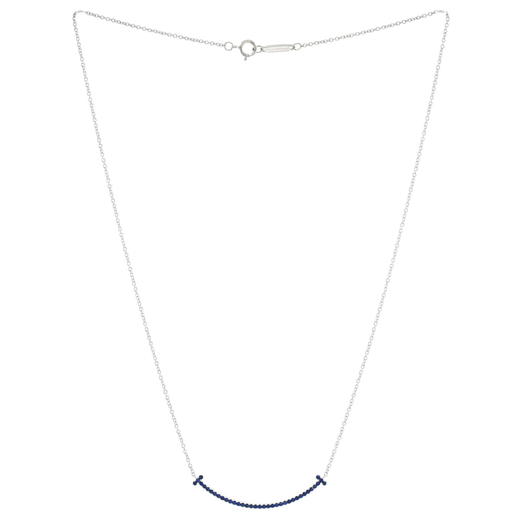 T Smile Pendant Necklace 18K White Gold with Blue Sapphires Small
