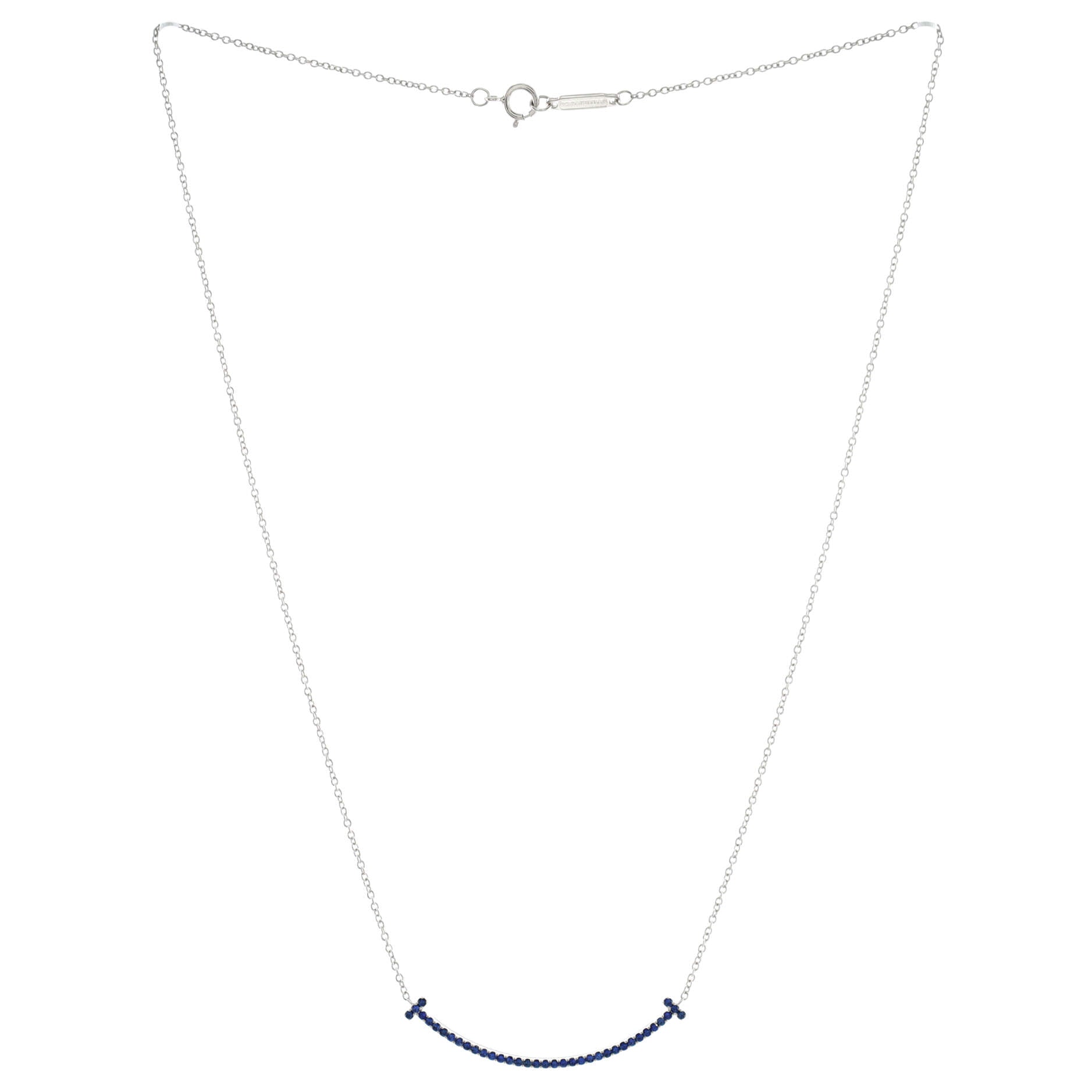 T Smile Pendant Necklace 18K White Gold with Blue Sapphires Small