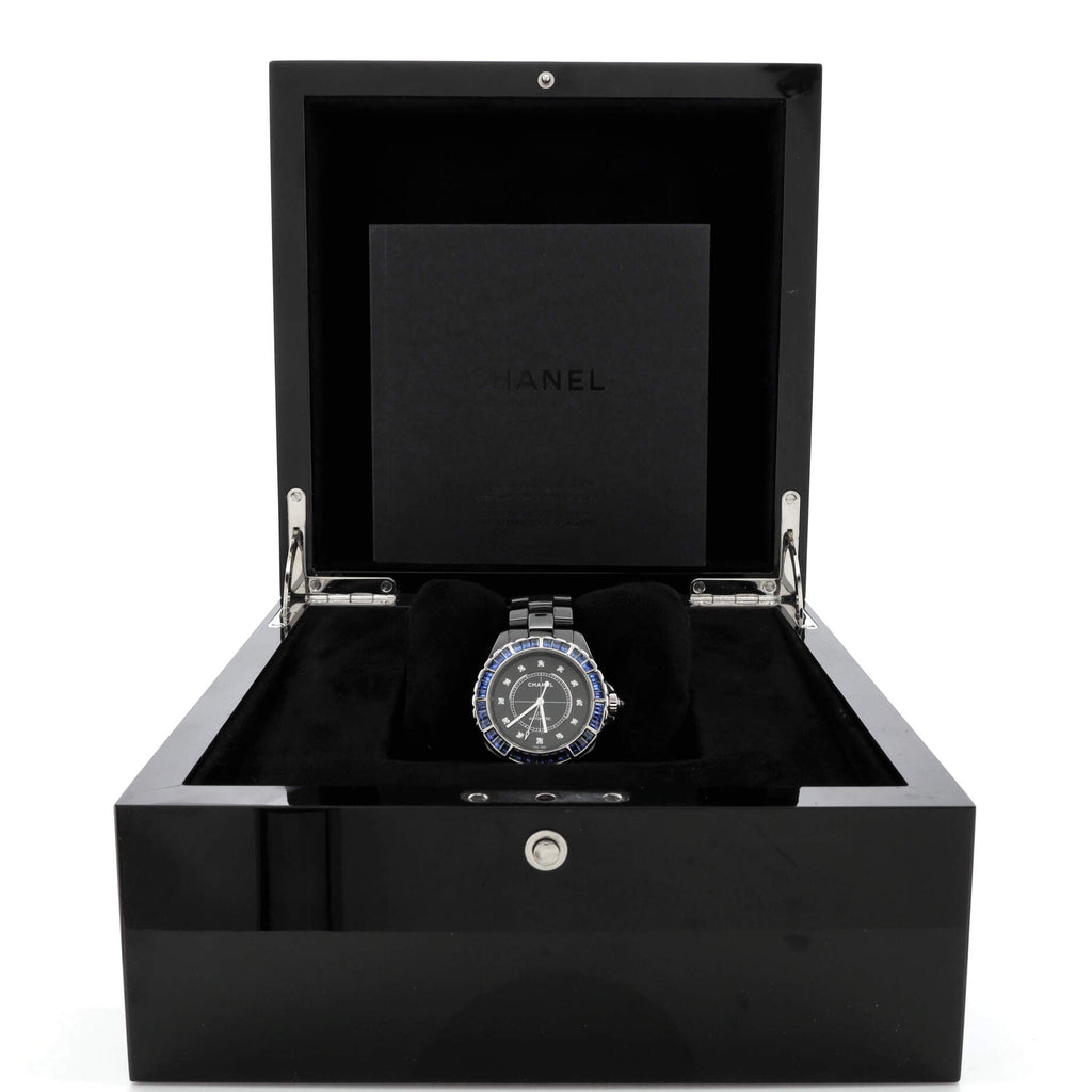 J12 Automatic Watch Ceramic and White Gold with Sapphire Bezel and Diamond Markers 38