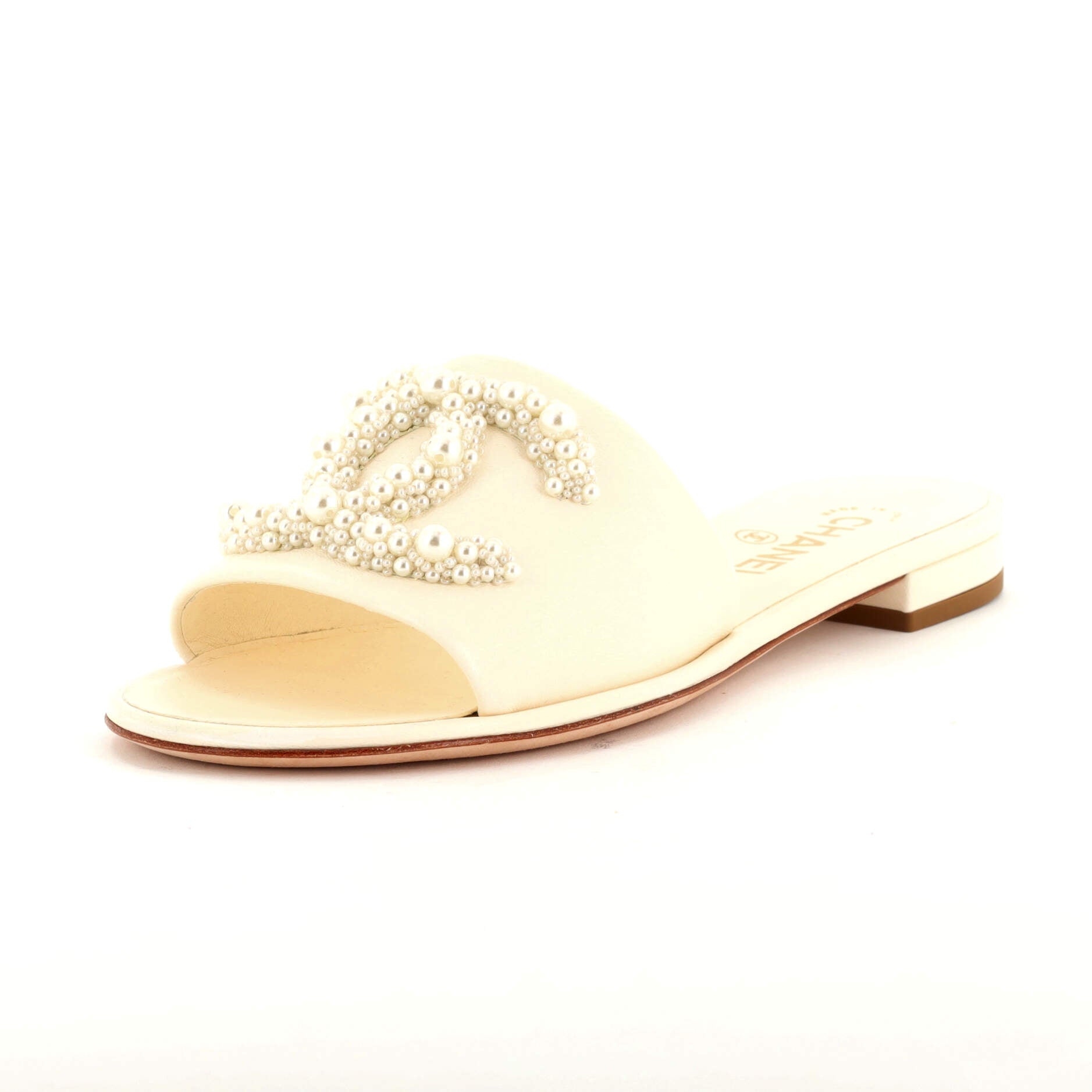 Women's CC Slide Sandals Leather with Faux Pearls