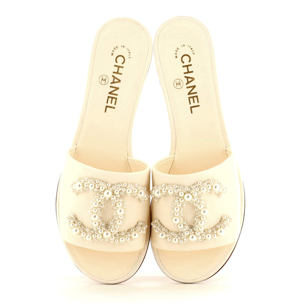 Women's CC Slide Sandals Leather with Faux Pearls