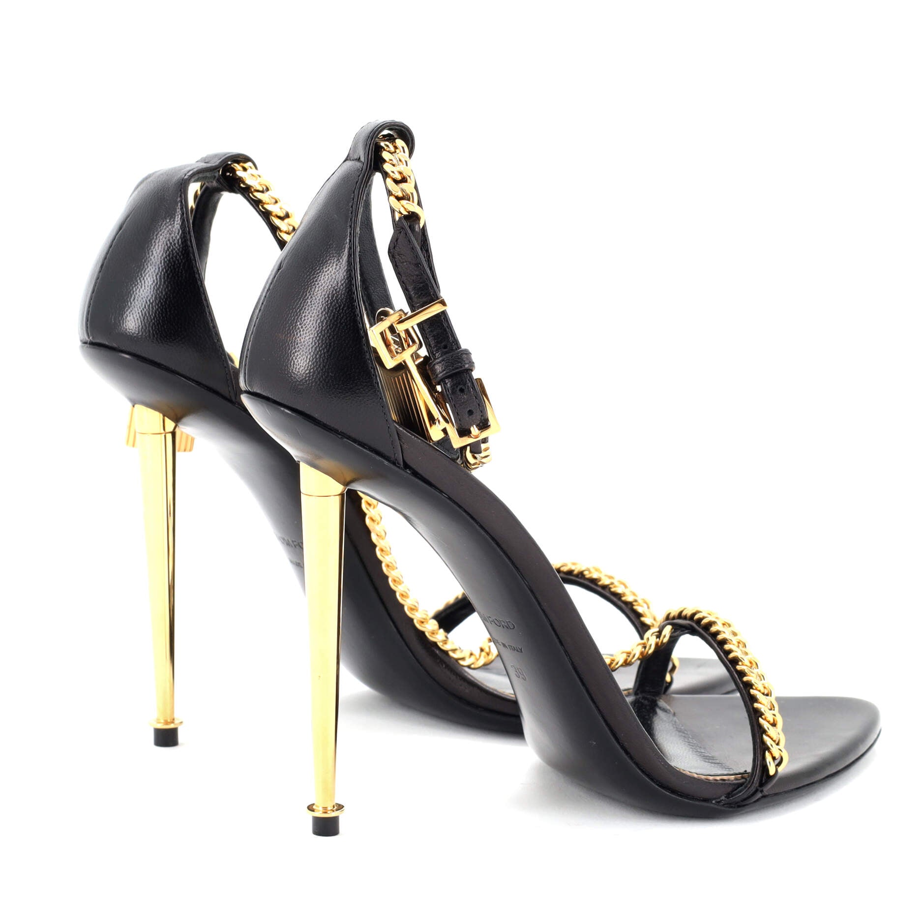 Women's Padlock Chain Pointy Naked Heeled Sandals Leather 105