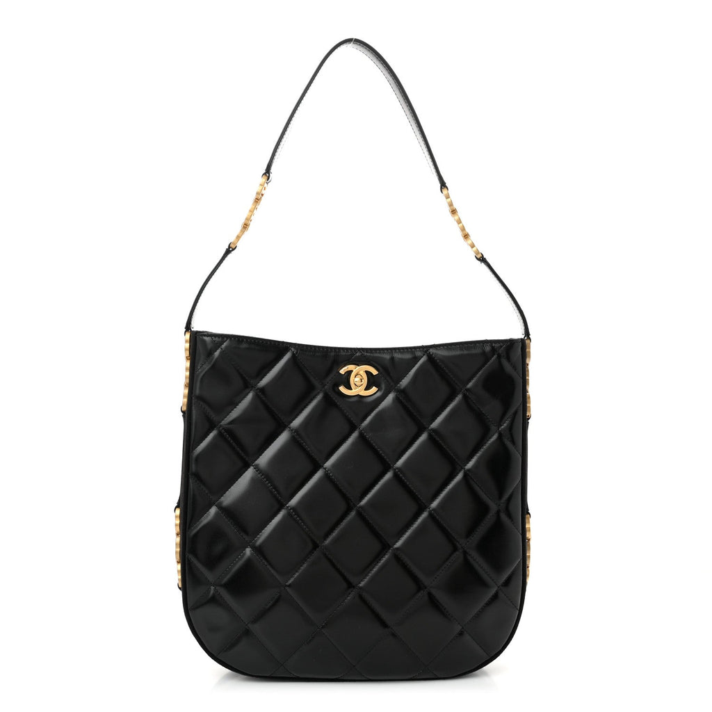Shiny Calfskin Suede Goatskin Quilted Hobo Black