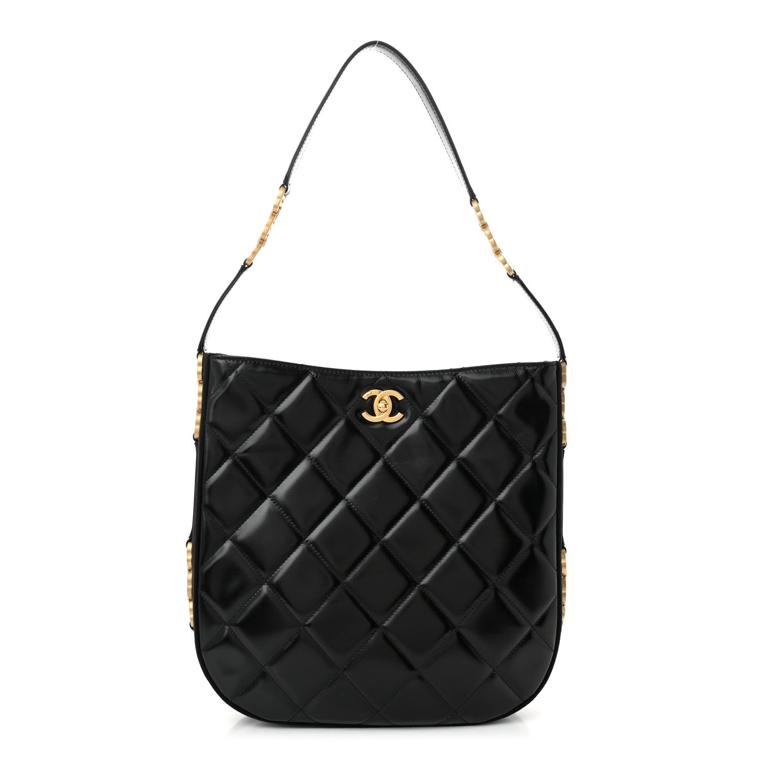 Shiny Calfskin Suede Goatskin Quilted Hobo Black