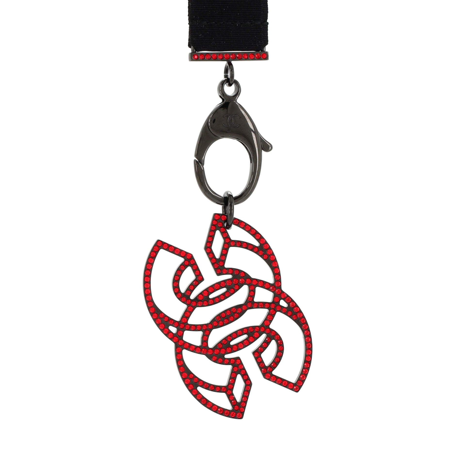 CC Lanyard Necklace Grosgrain with Crystal Embellished Metal