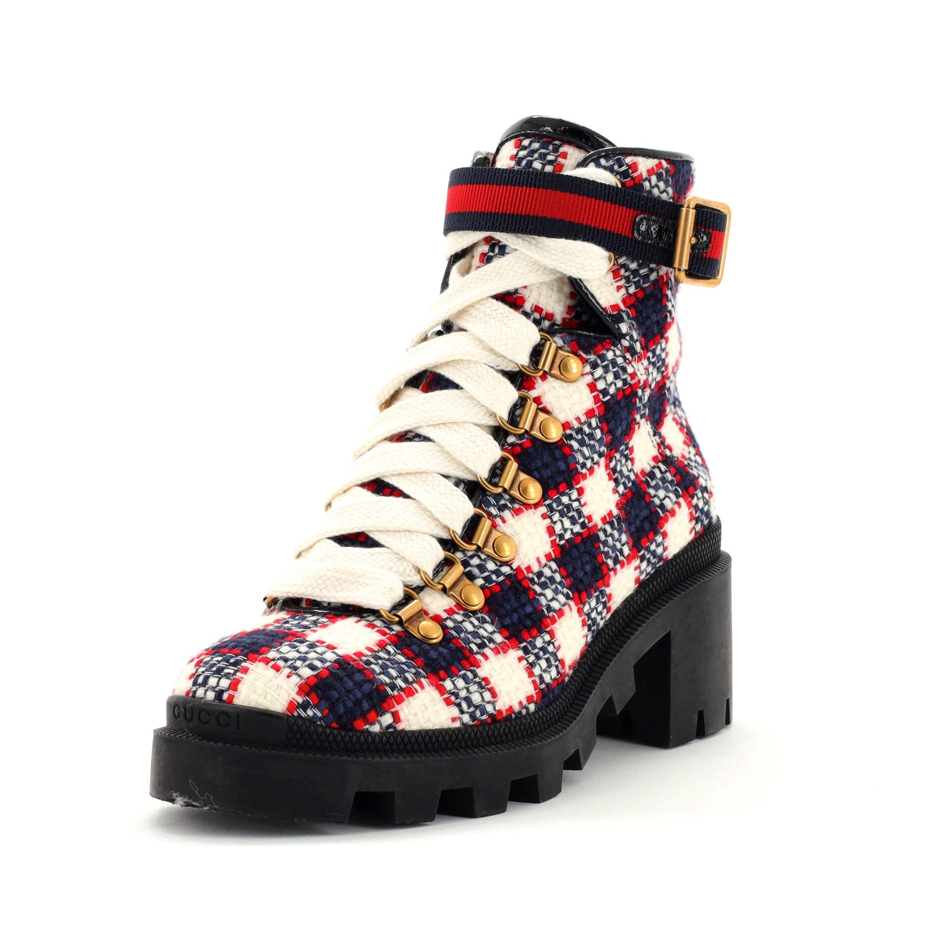 Women's Heeled Lace Up Combat Ankle Boots GG Tweed
