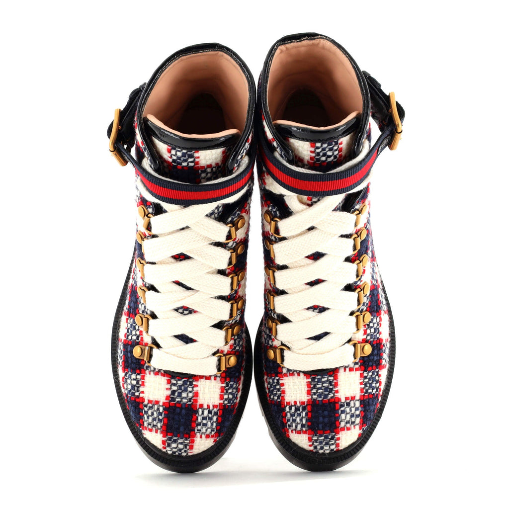 Women's Heeled Lace Up Combat Ankle Boots GG Tweed