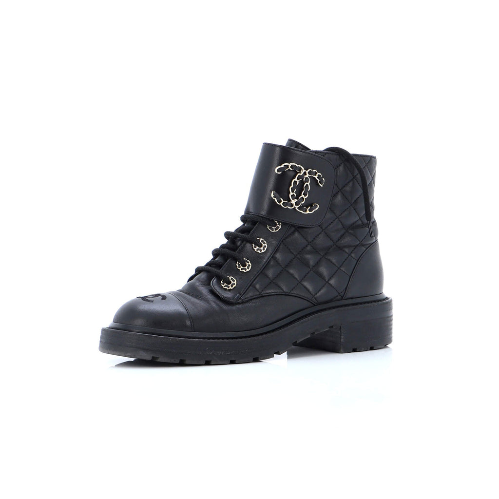 Women's Chain CC Cap Toe Lace Up Combat Boots Quilted Leather