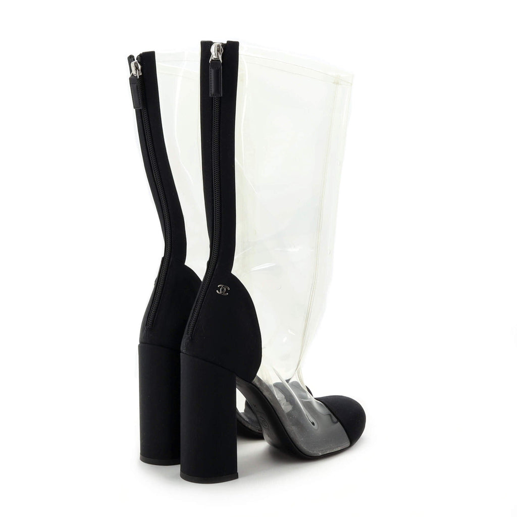 Women's Cap Toe Heeled Knee High Boots PVC and Grosgrain