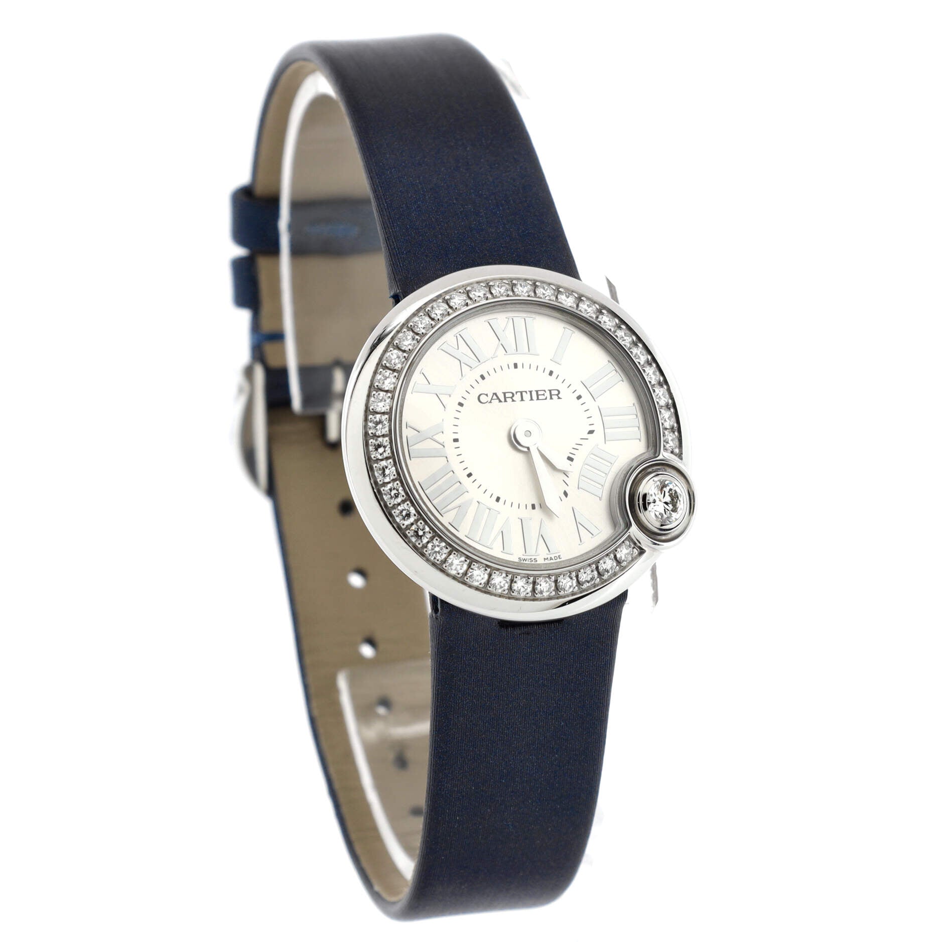 Ballon Blanc de Cartier Quartz Watch Stainless Steel and Leather with Diamond Bezel 26