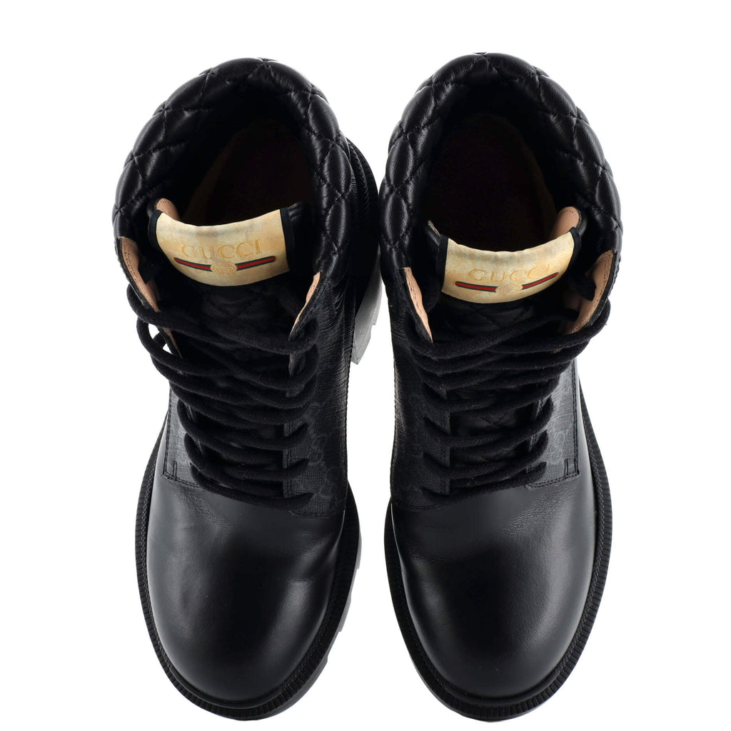 Women's Lace Up Heeled Ankle Boots GG Coated Canvas with Quilted Leather