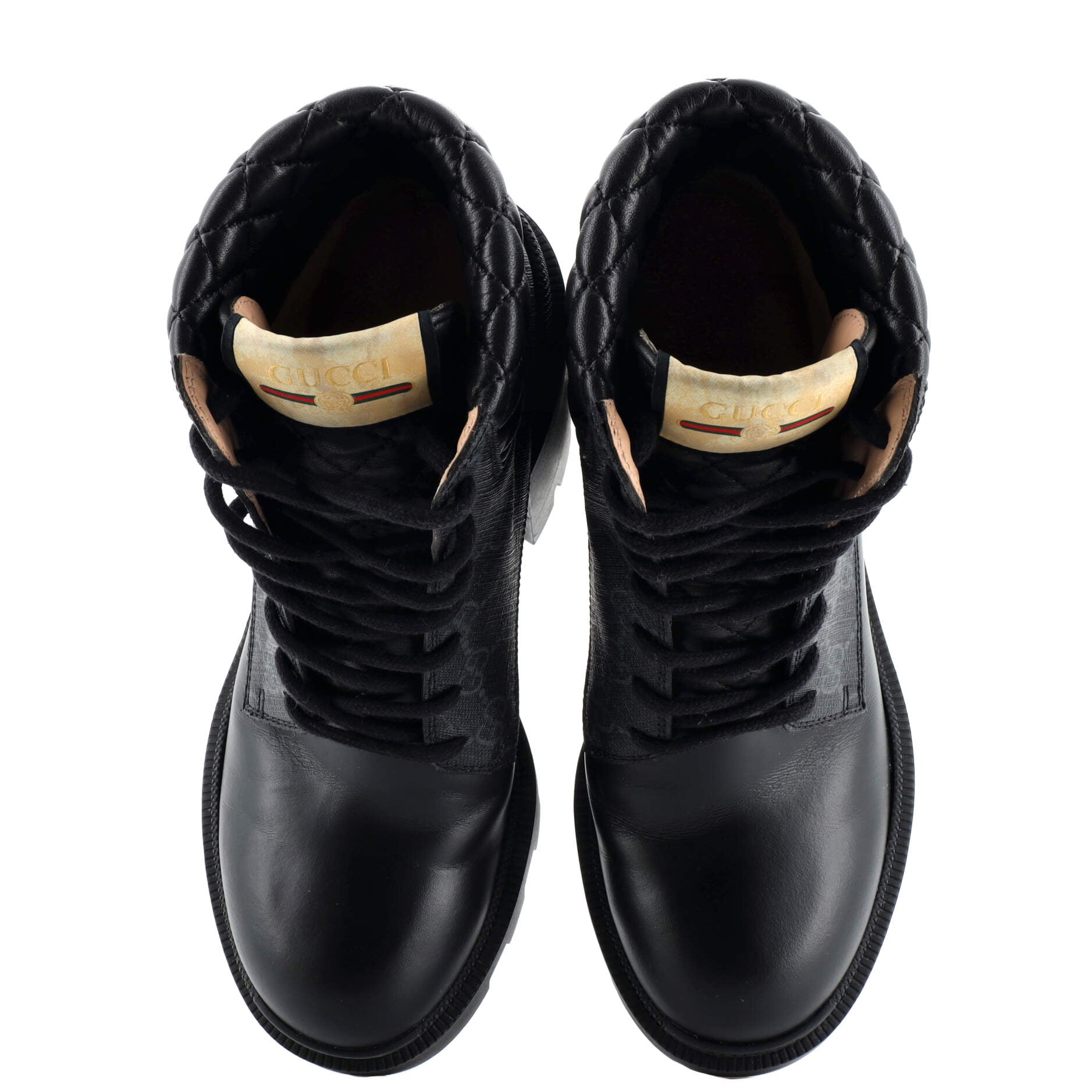Women's Lace Up Heeled Ankle Boots GG Coated Canvas with Quilted Leather