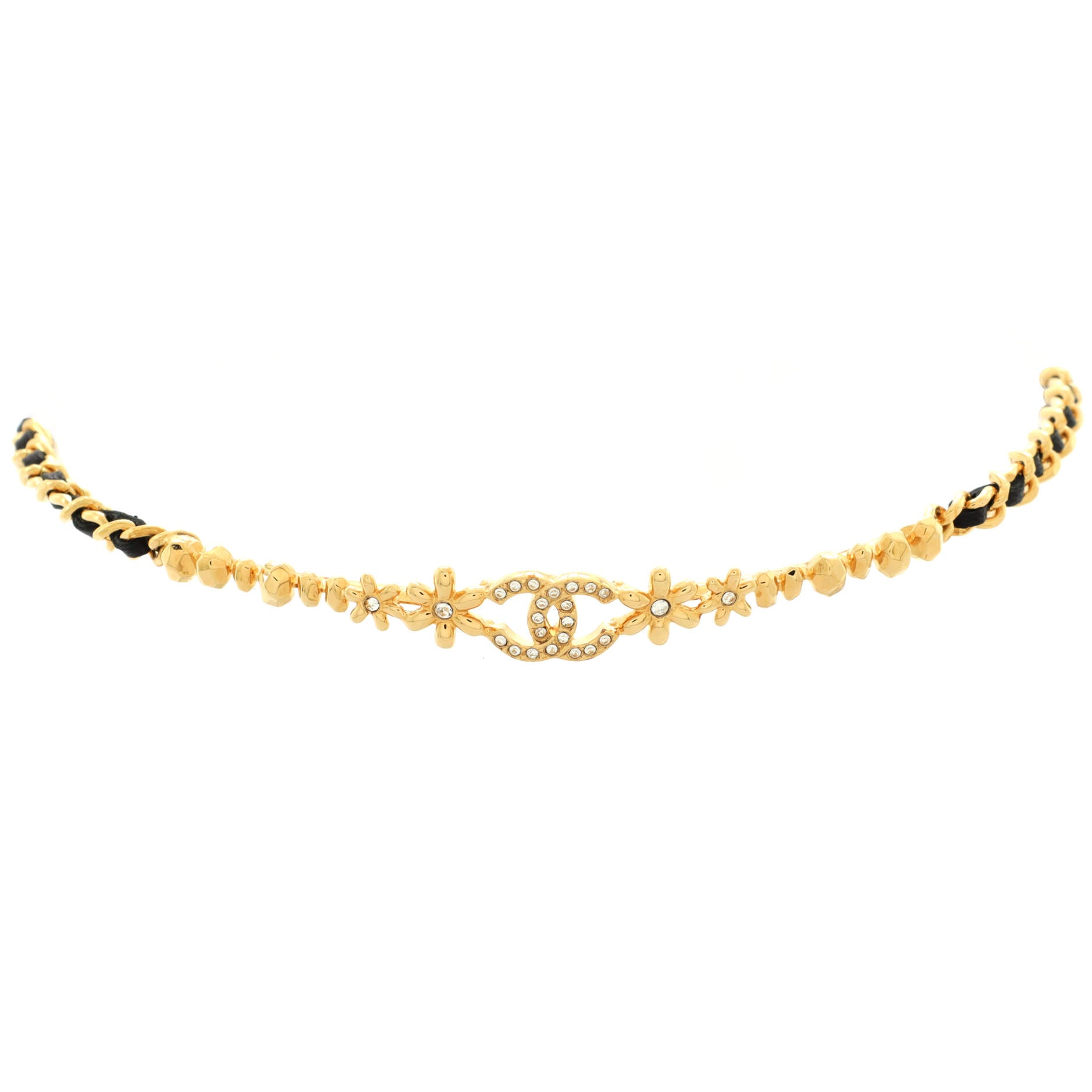 CC Flower Chain Choker Necklace Metal with Leather and Crystals