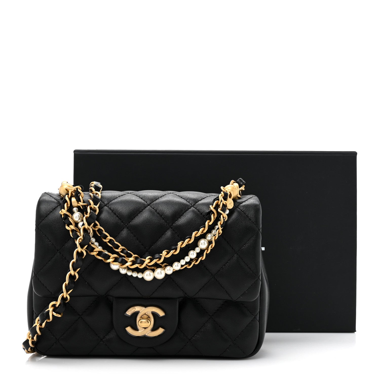 Shiny Lambskin Quilted Pearl Twist Mini Square Flap Black