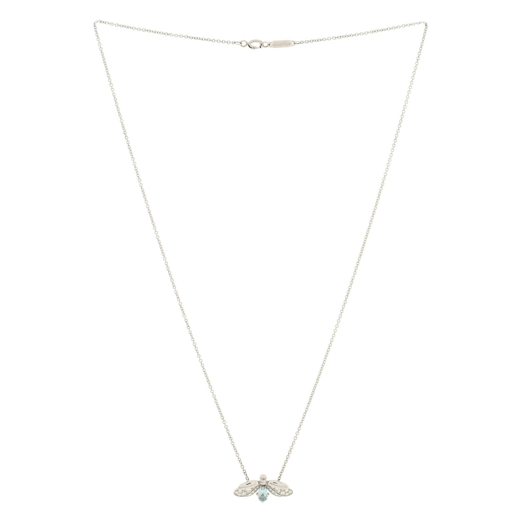 Paper Flowers Firefly Pendant Necklace Platinum with Diamonds and Aquamarine Small