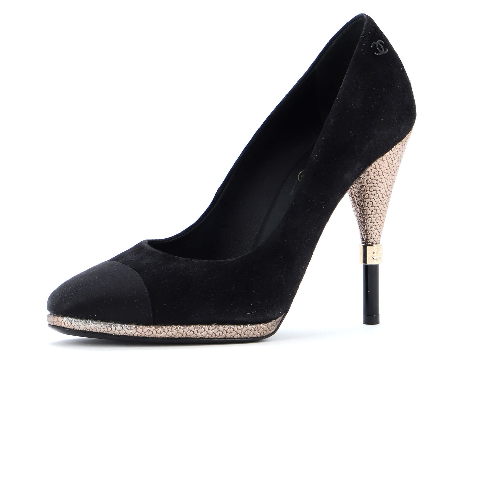 Women's CC Cap Toe Logo Heel Pumps Suede with Satin and Embossed Leather