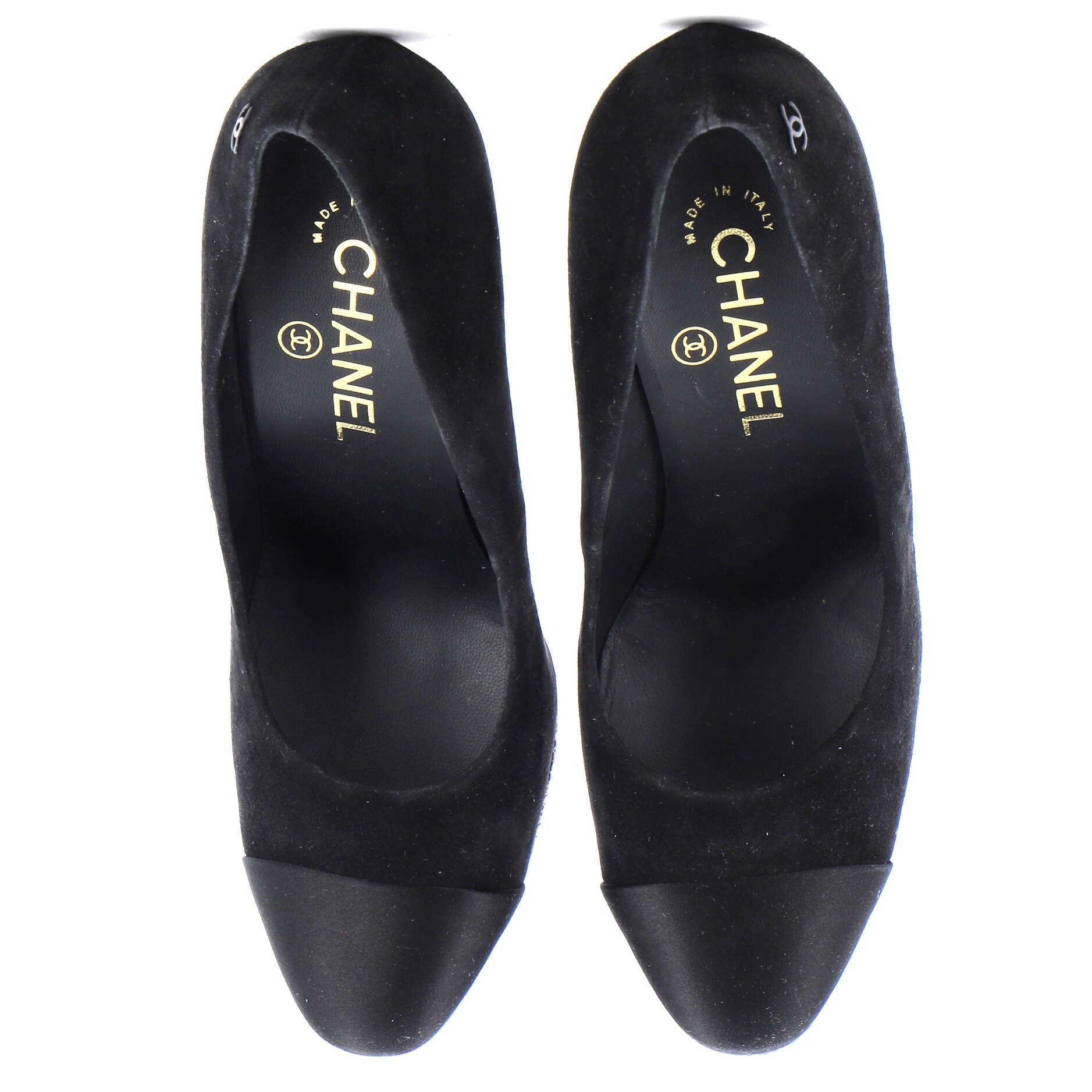 Women's CC Cap Toe Logo Heel Pumps Suede with Satin and Embossed Leather