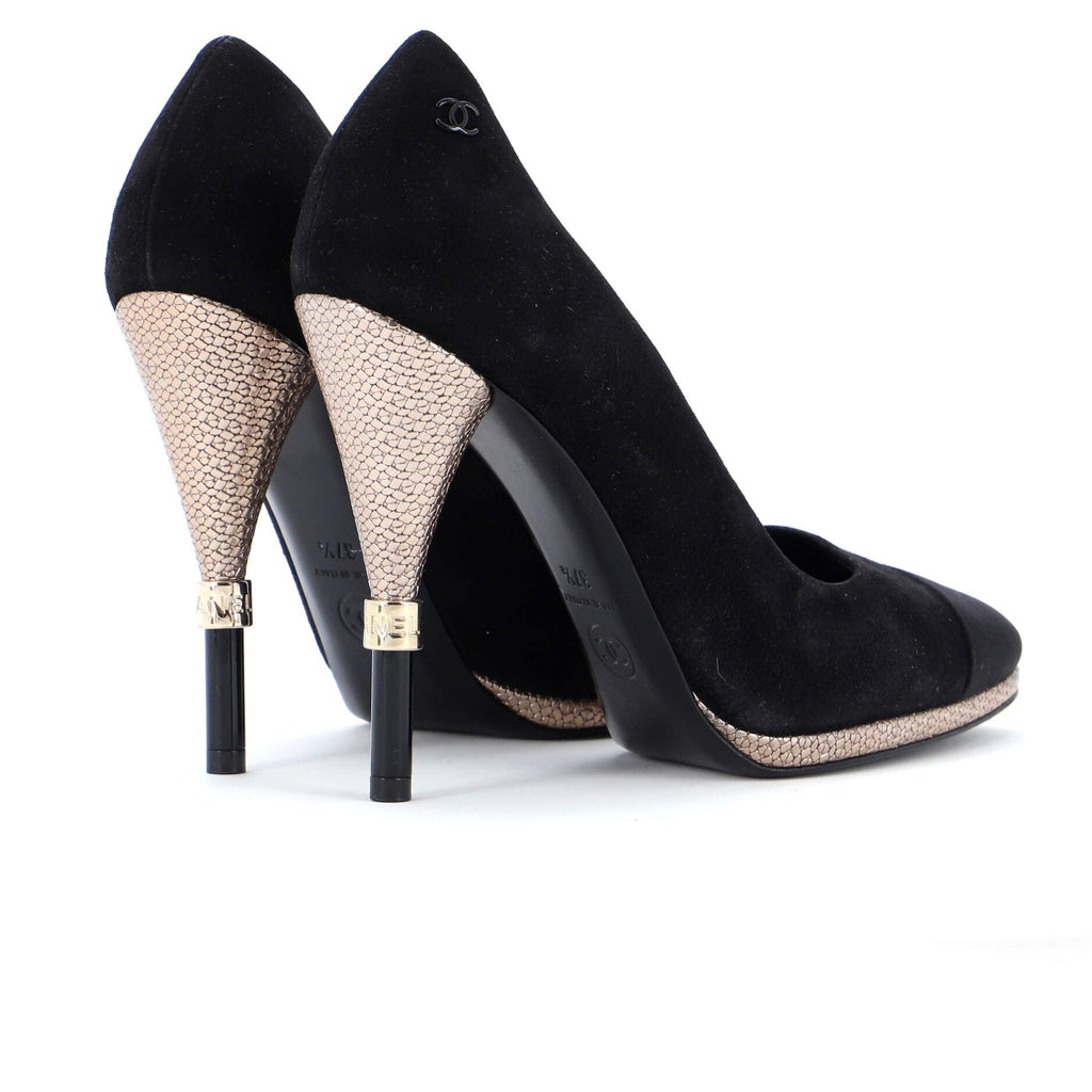 Women's CC Cap Toe Logo Heel Pumps Suede with Satin and Embossed Leather