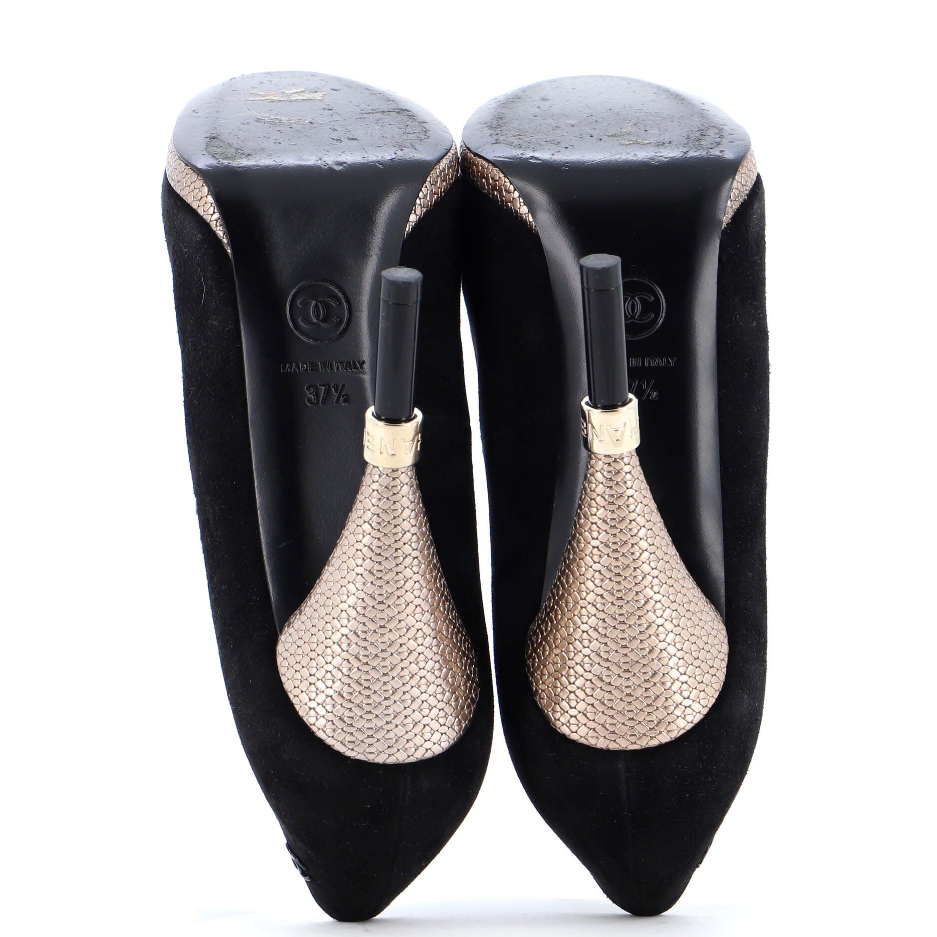 Women's CC Cap Toe Logo Heel Pumps Suede with Satin and Embossed Leather
