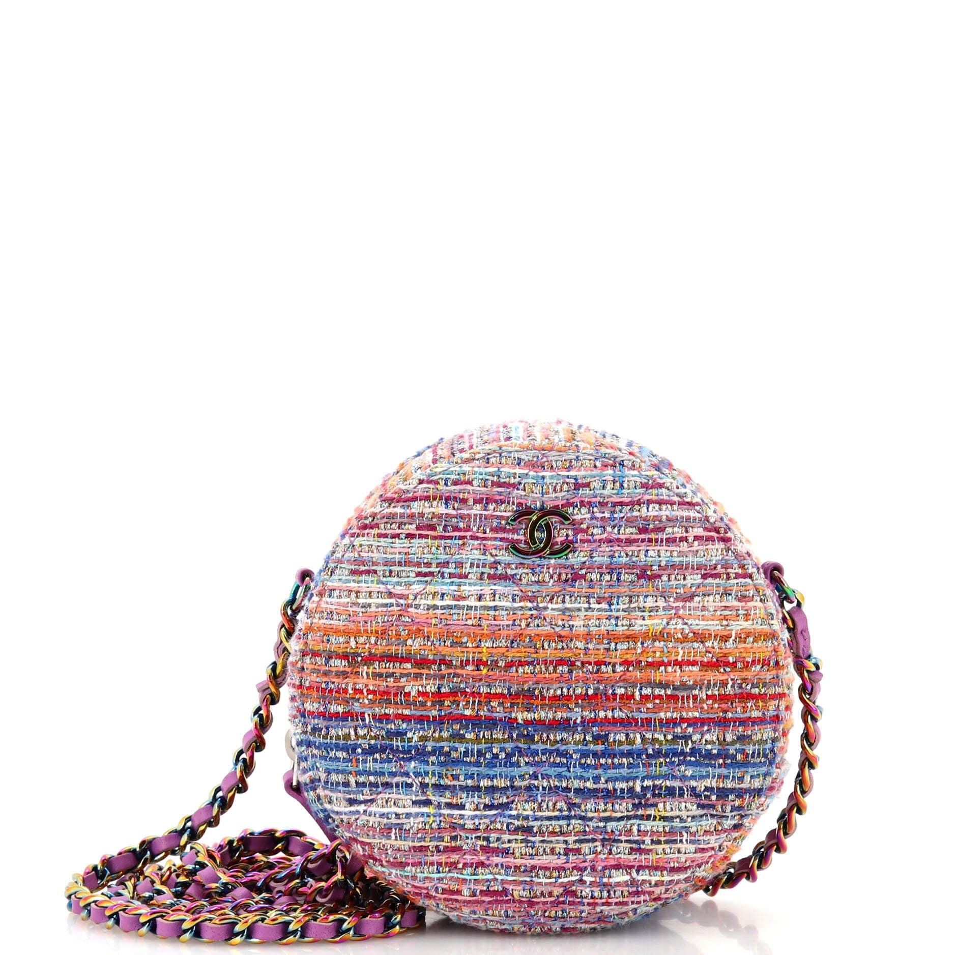 Round Clutch with Chain Quilted Tweed with Rainbow Hardware Mini