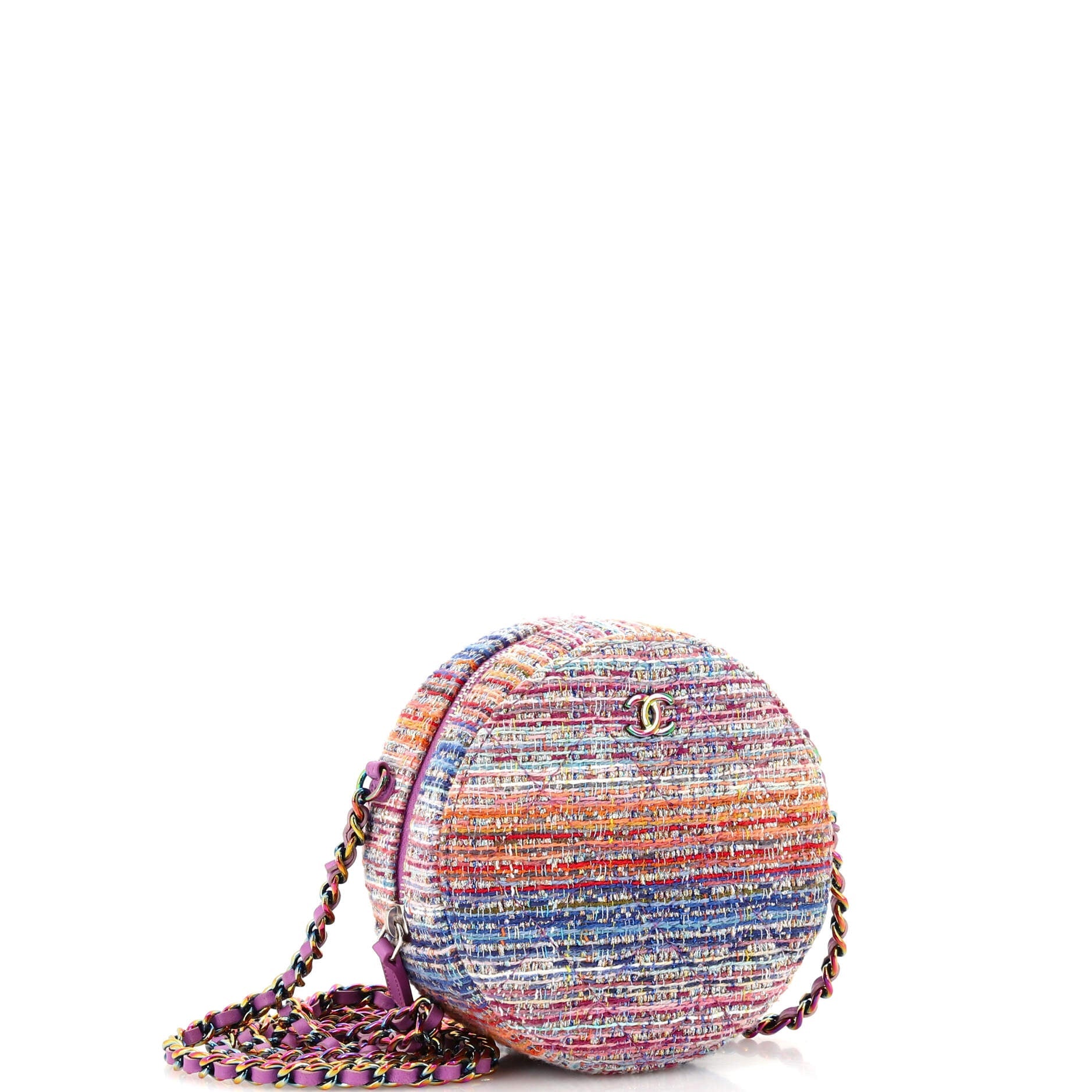 Round Clutch with Chain Quilted Tweed with Rainbow Hardware Mini
