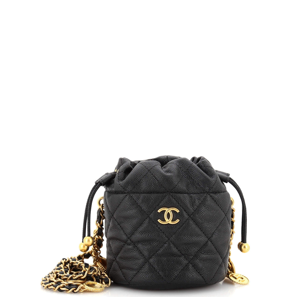 Medallion Charms Drawstring Bucket Bag Quilted Caviar Mini