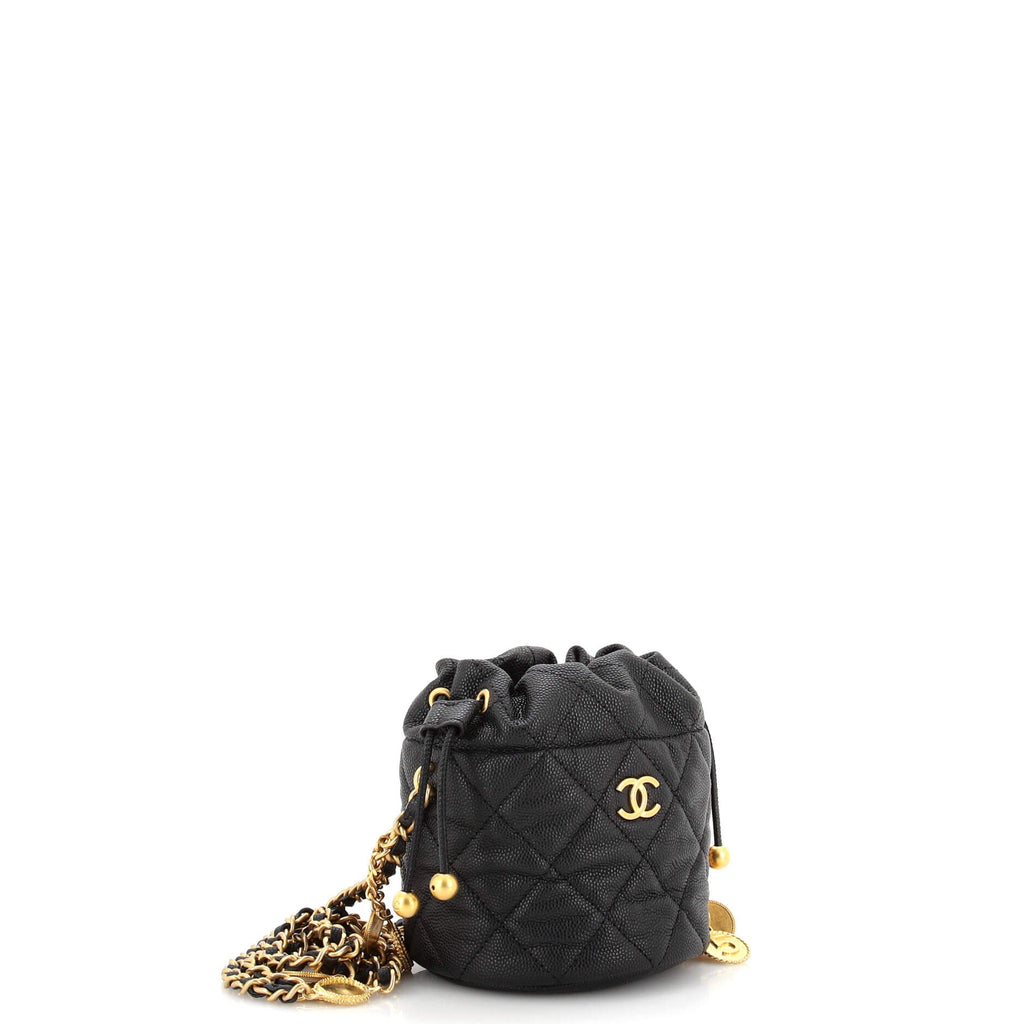 Medallion Charms Drawstring Bucket Bag Quilted Caviar Mini