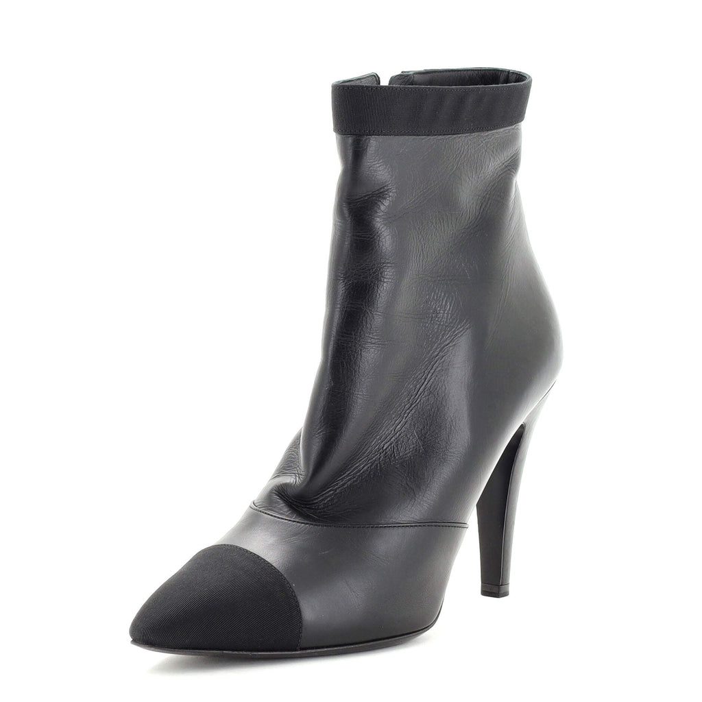 Women's Pointed Cap Toe Heeled Ankle Boots Leather with Grosgrain