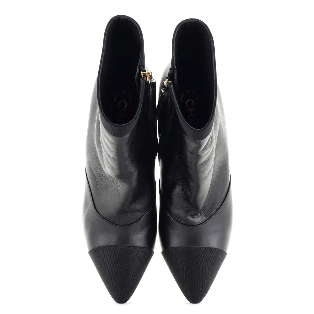 Women's Pointed Cap Toe Heeled Ankle Boots Leather with Grosgrain