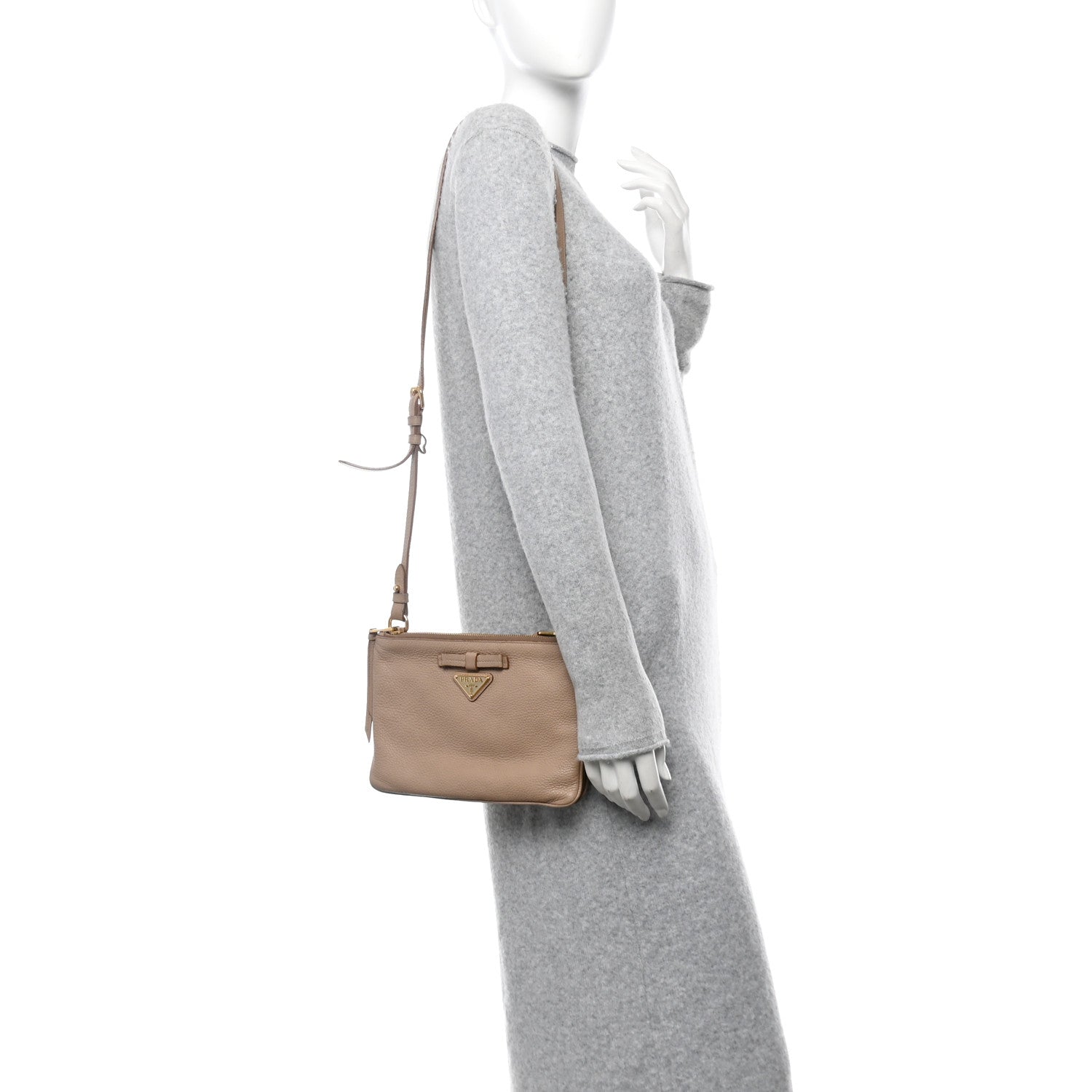 Vitello Daino Double Zip Crossbody Bag Cammeo