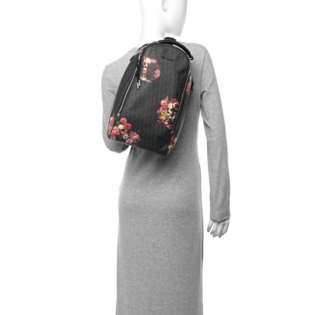 x Toru Kamei Coated Canvas Floral Skull Sling Backpack Grey Multicolor