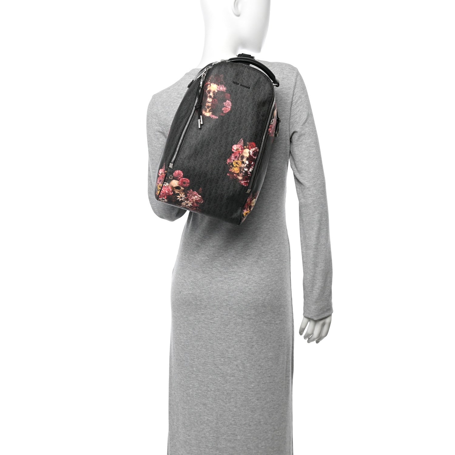 x Toru Kamei Coated Canvas Floral Skull Sling Backpack Grey Multicolor