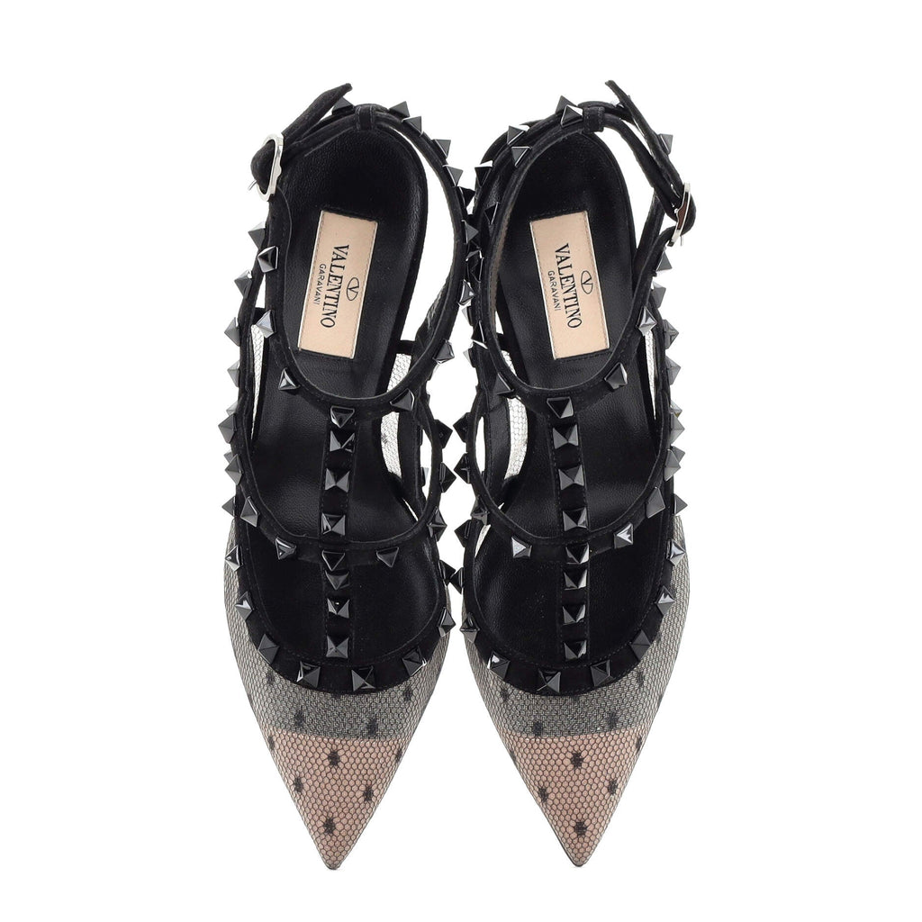 Women's Rockstud Ankle Strap Pumps Leather and Mesh